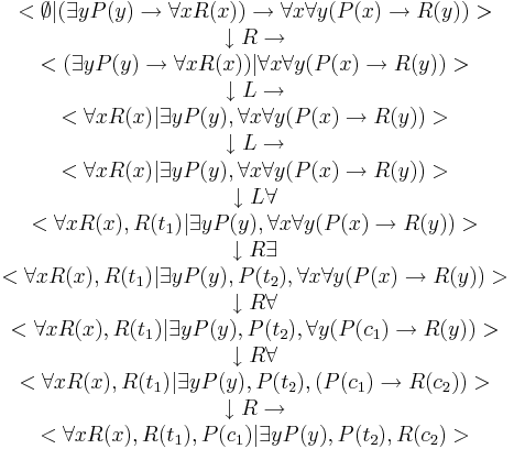 \begin{array}{ccc}
<\empty|(\exist{y}P(y)\to\forall{x}R(x))\to\forall{x}\forall{y}(P(x)\to R(y))> \\
\darr R\to \\
<(\exist{y}P(y)\to\forall{x}R(x))|\forall{x}\forall{y}(P(x)\to R(y))> \\
\darr L\to \\
<\forall{x}R(x)|\exist{y}P(y),\forall{x}\forall{y}(P(x)\to R(y))> \\
\darr L\to \\
<\forall{x}R(x)|\exist{y}P(y),\forall{x}\forall{y}(P(x)\to R(y))> \\
\darr L\forall \\
<\forall{x}R(x),R(t_1)|\exist{y}P(y),\forall{x}\forall{y}(P(x)\to R(y))> \\
\darr R\exist \\
<\forall{x}R(x),R(t_1)|\exist{y}P(y),P(t_2),\forall{x}\forall{y}(P(x)\to R(y))> \\
\darr R\forall \\
<\forall{x}R(x),R(t_1)|\exist{y}P(y),P(t_2),\forall{y}(P(c_1)\to R(y))> \\
\darr R\forall \\
<\forall{x}R(x),R(t_1)|\exist{y}P(y),P(t_2),(P(c_1)\to R(c_2))> \\
\darr R\to \\
<\forall{x}R(x),R(t_1),P(c_1)|\exist{y}P(y),P(t_2),R(c_2)> \\
\end{array}